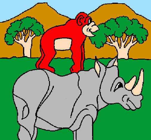 Rhinoceros and monkey