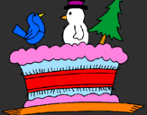 Coloring page Cake with figures painted bysnowy  bird