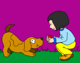 Coloring page Little girl and dog playing painted byGreat