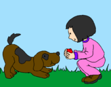 Coloring page Little girl and dog playing painted byCandie