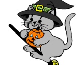 Coloring page Kitten on flying broomstick painted bypeace