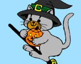 Coloring page Kitten on flying broomstick painted byelena