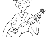 Coloring page Geisha playing the lute painted byumbrella
