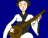 Coloring page Geisha playing the lute painted byBRITTANY