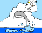 Coloring page Dolphin and seagull painted byMaria