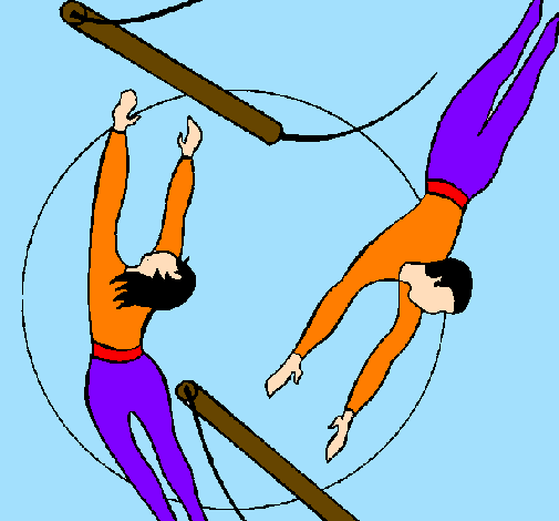 Coloring page Trapeze artists jumping painted byt