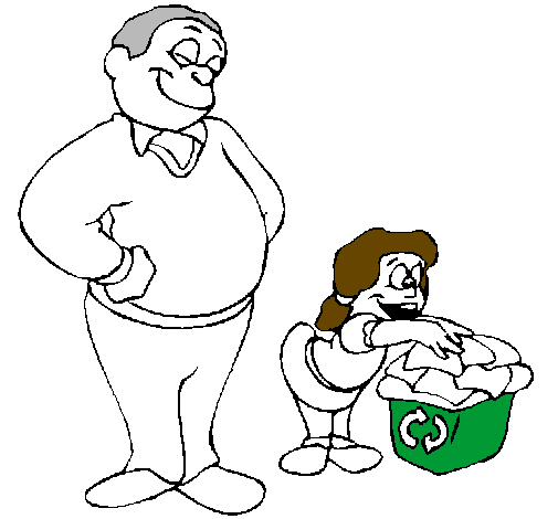 Father and daughter recycling
