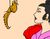 Coloring page Woman and bird painted bydame