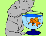 Coloring page Cat watching fish painted byLiz