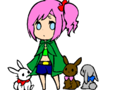 Coloring page Girl with bunnies painted byHanan Wazzy