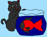 Coloring page Cat and fish painted byShannen