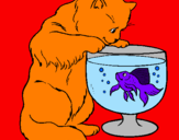 Coloring page Cat watching fish painted bycaue