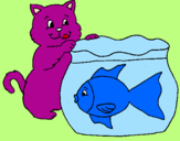 Coloring page Cat and fish painted byGIULIA