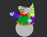Coloring page snowman with tree painted byeva