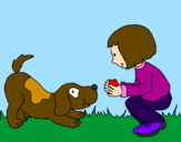 Coloring page Little girl and dog playing painted bym