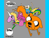 Coloring page Jake, Finn, Princess Bubblegum and Rainbow Lady painted bysweeteegir