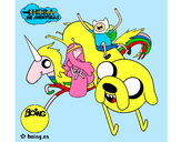 Coloring page Jake, Finn, Princess Bubblegum and Rainbow Lady painted bykare