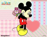 Coloring page Mickey Mouse with a bouquet of flowers painted byNatalie