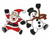 Santa Claus and snowman jumping