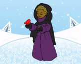 Coloring page Woman with a bird on winter painted byCharlotte