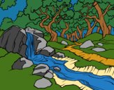 Coloring page Forest landscape with a river painted bySearlait