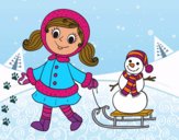 Coloring page Little girl with sleigh and snowman painted byKota