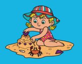Coloring page A girl playing on the beach painted bymindella