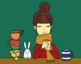 Coloring page Girl with scarf and cup of tea painted bygobishop