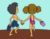 Coloring page Girl and boy on the beach painted bylilnae33