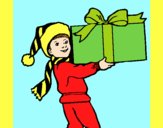 Coloring page Little boy with a huge present painted byAnia