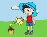 Coloring page Boy watering painted bylorna