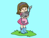 Coloring page Little girl with kitten painted bylorna