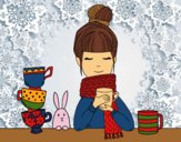 Coloring page Girl with scarf and cup of tea painted byPrincess13