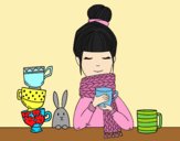 Coloring page Girl with scarf and cup of tea painted byLornaAnia