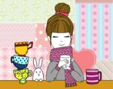 Girl with scarf and cup of tea