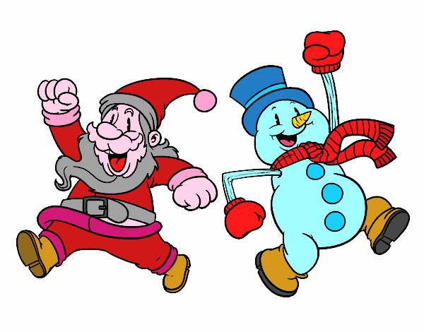 Santa Claus and snowman jumping