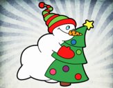 Snowman hugging tree