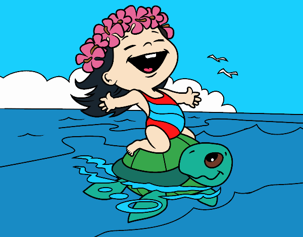 Girl riding a sea turtle