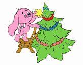Rabbit decorating Christmas tree