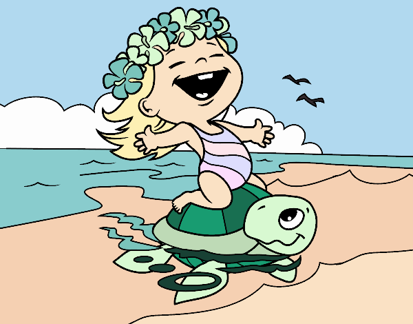 Little girl with sea turtle