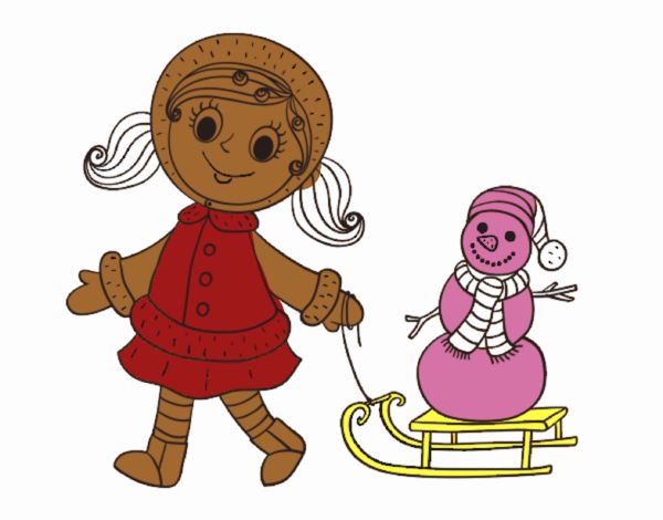 Little girl with sleigh and snowman