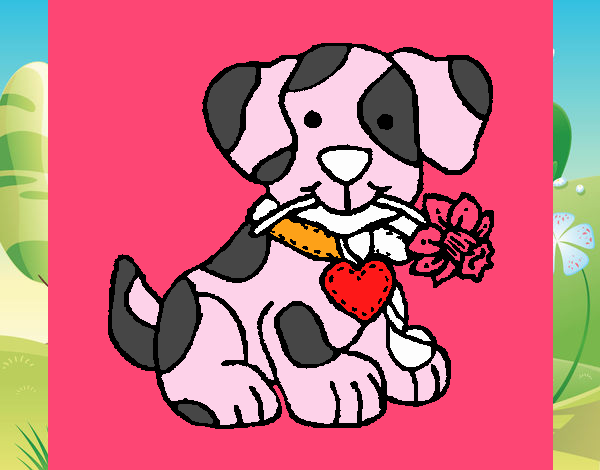 Puppy with a flower in the mouth