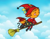 Little witch flying with her broom